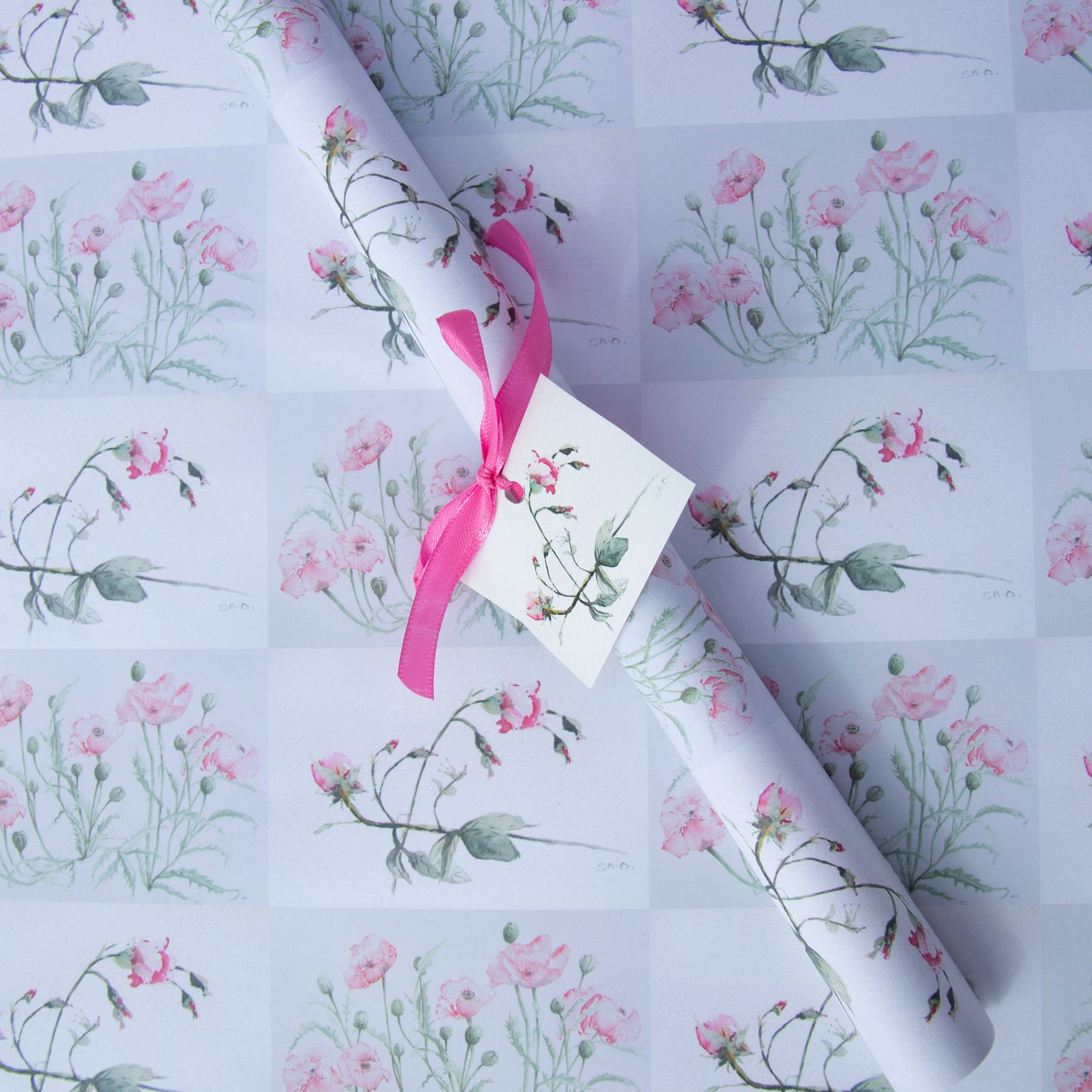 Two Sheets Poppy & Roses Gift Wrapping Paper with Two Gift Tags