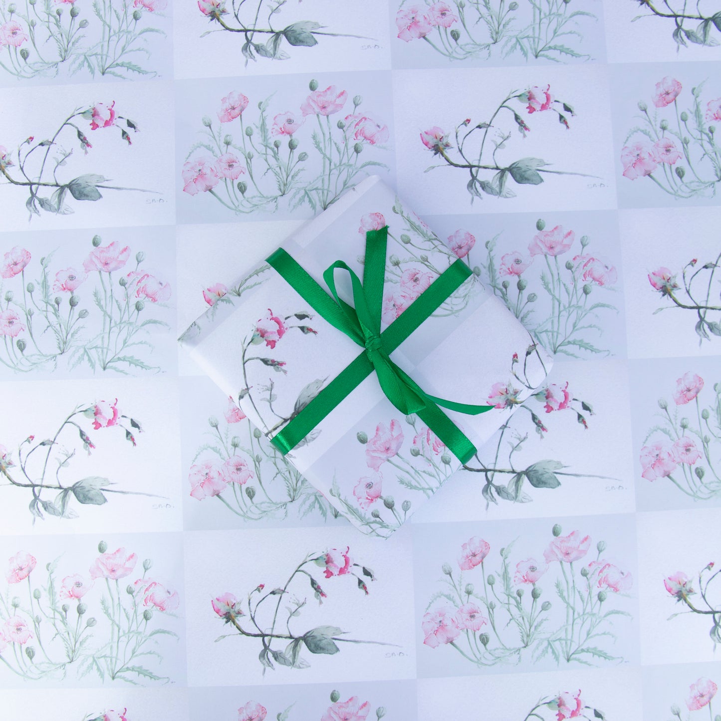 Two Sheets Poppy & Roses Gift Wrapping Paper with Two Gift Tags
