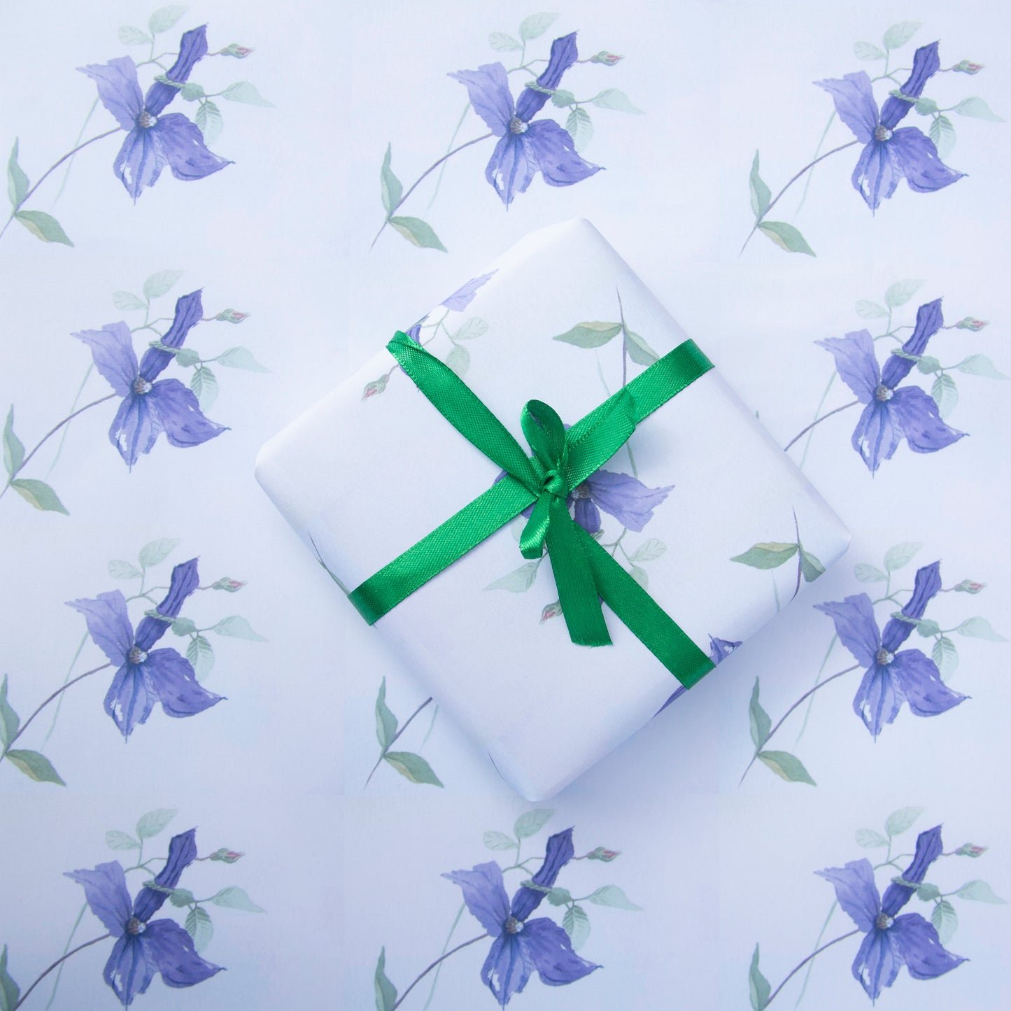 Two Sheets of Gift Wrapping Paper & Two Gift Tags in Clematis Design