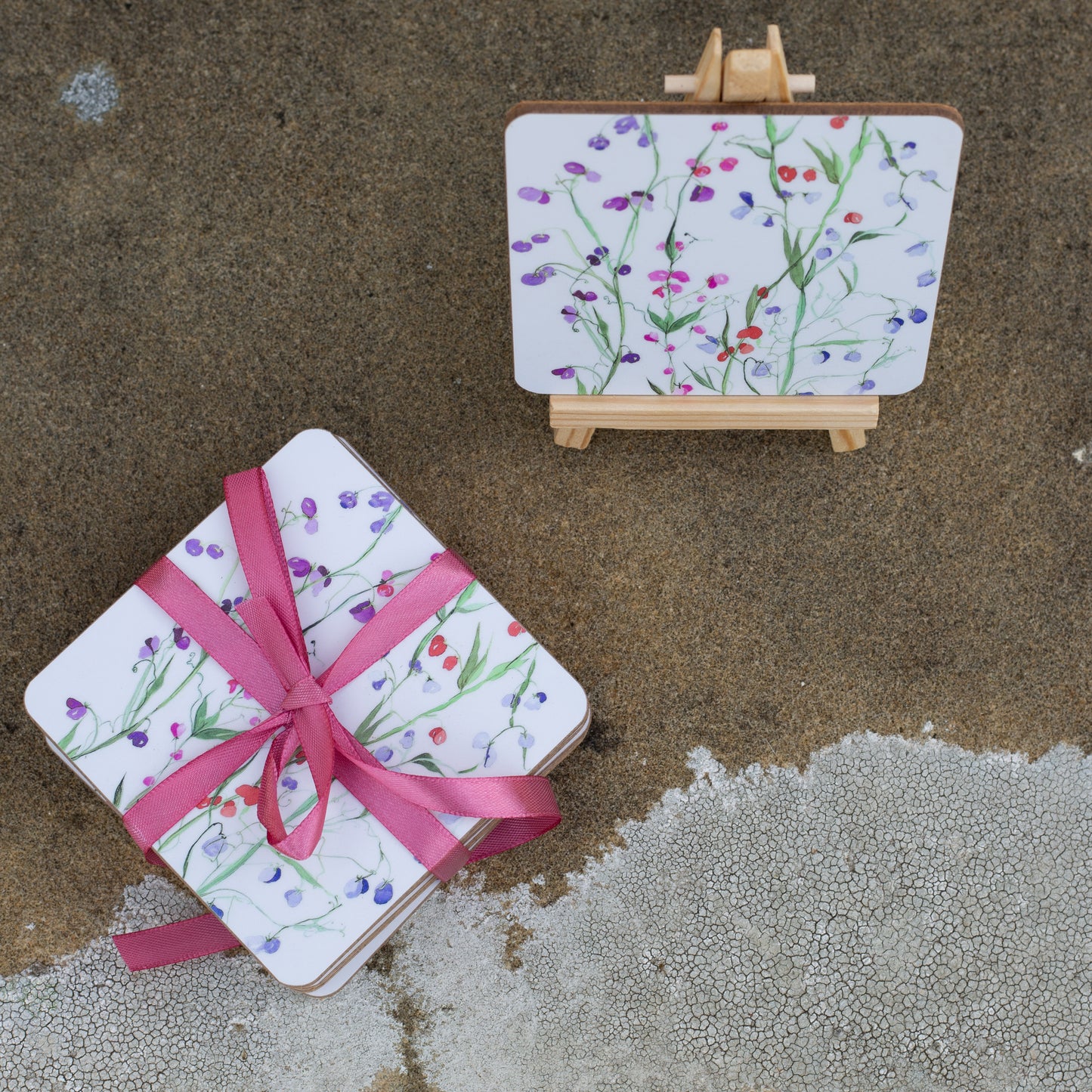 Set of 6 Coasters in Unique Sweet Pea Design.