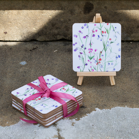 Set of 6 Coasters in Unique Sweet Pea Design.