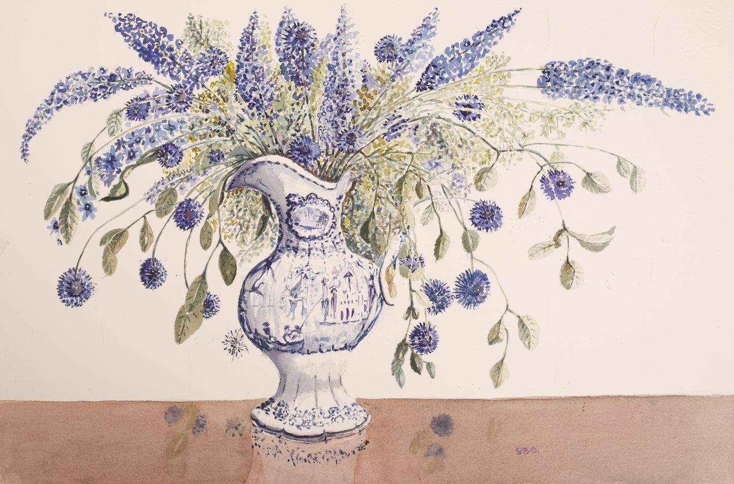 Blue and white jug with Delphiniums