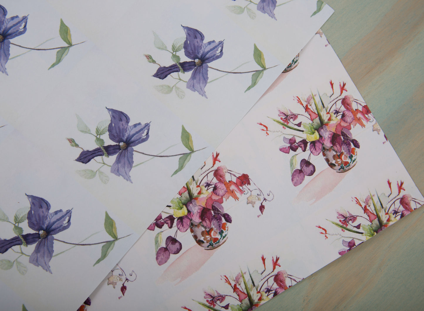 Two Sheets of Gift Wrapping Paper & Two Gift Tags in Clematis Design