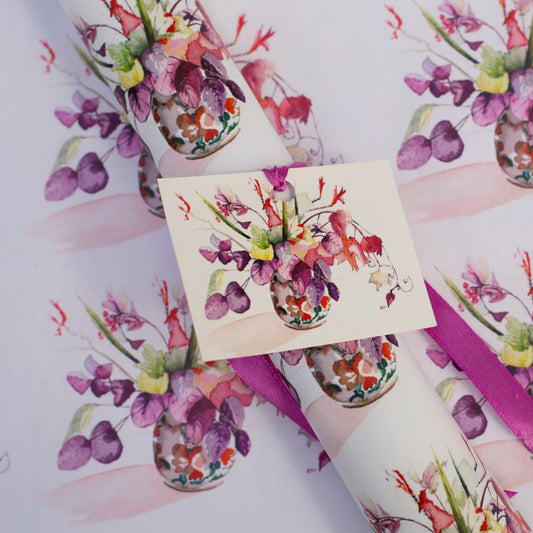 Two Sheets of Gift Wrapping Paper & Two Gift Tags in Autumn Flowers design