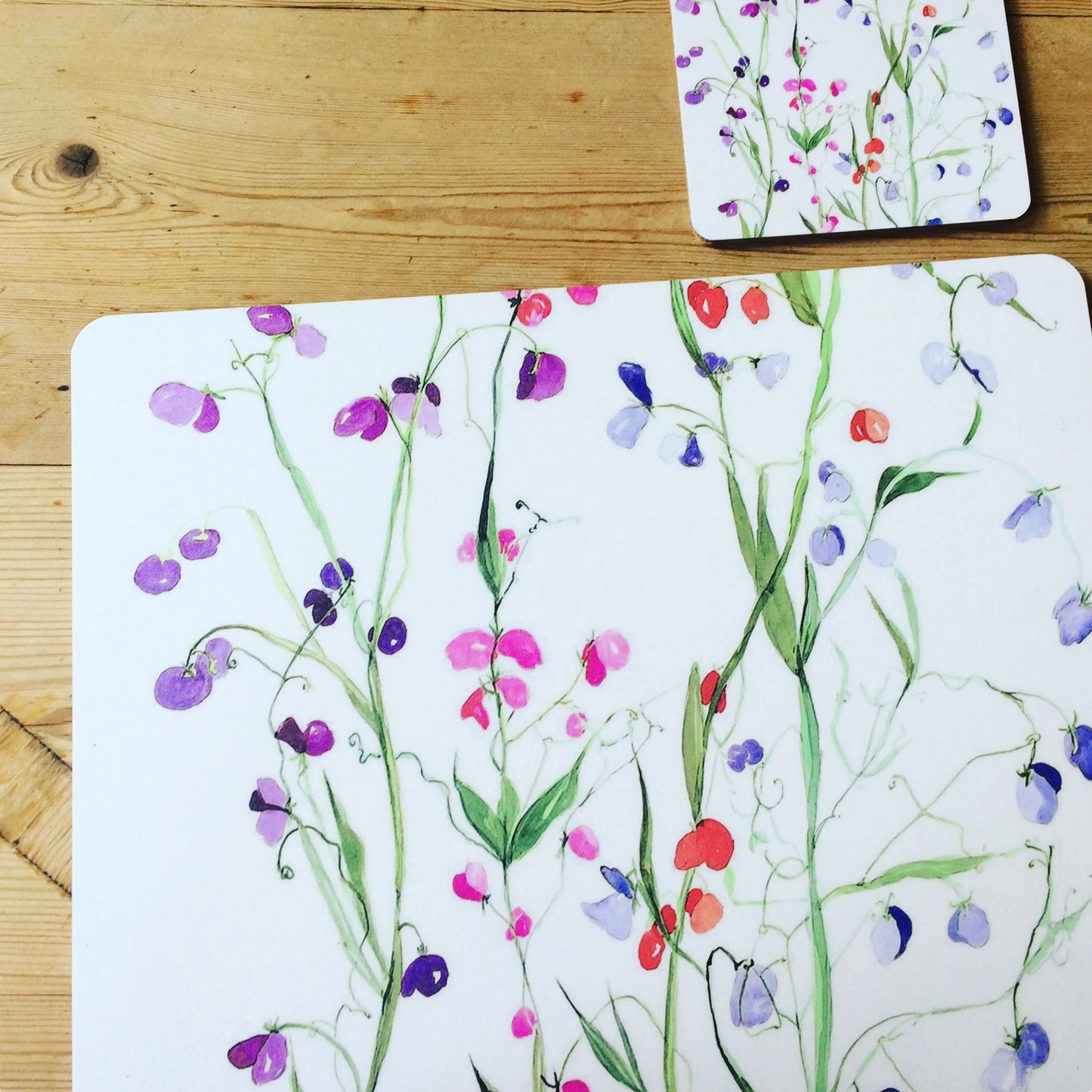 Set of 6 Coasters in Unique Sweet Pea Design.
