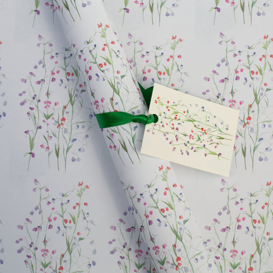 Two Sheets of sweet pea wrapping paper & Two Gift Tags