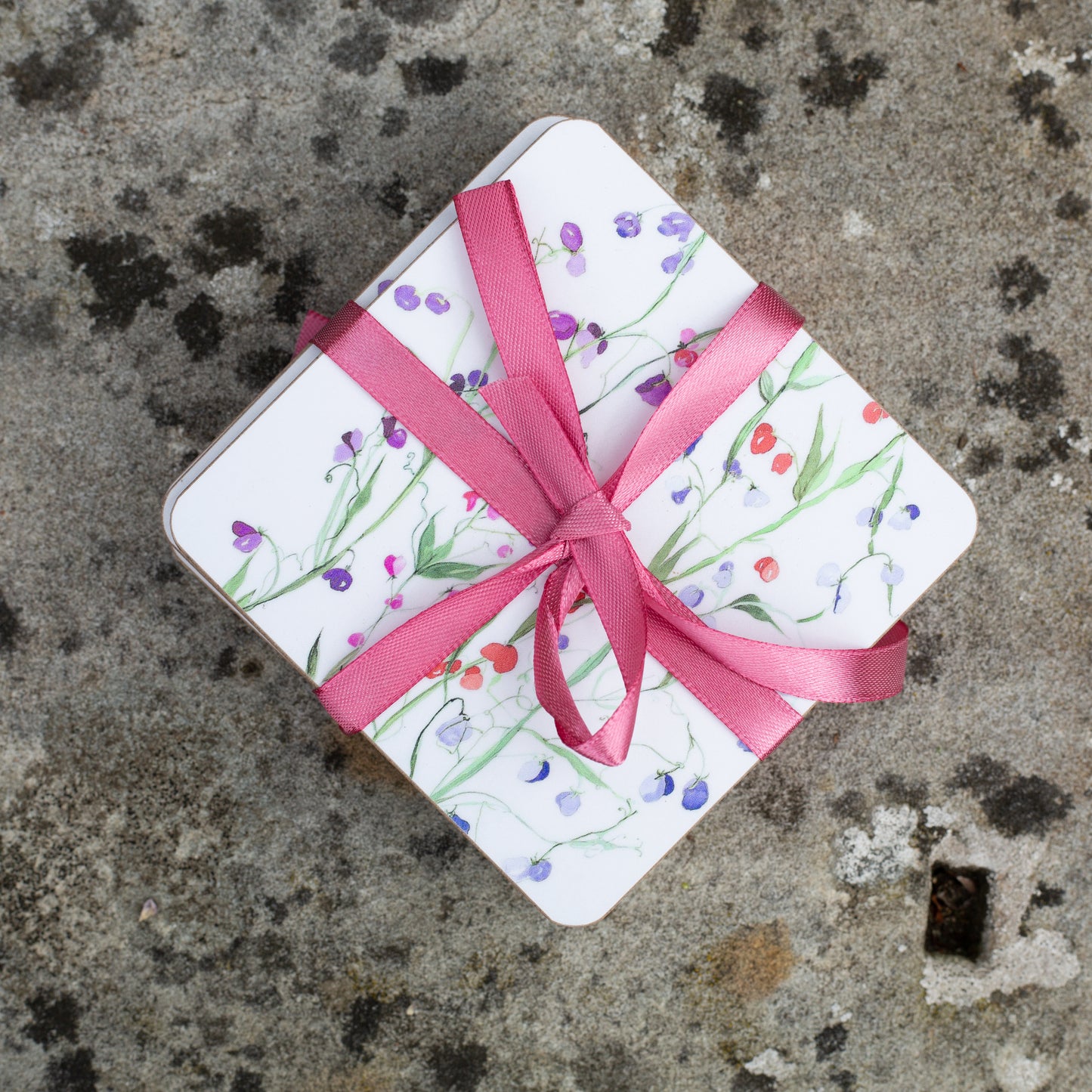 Set of 6 Coasters in Unique Sweet Pea Design.