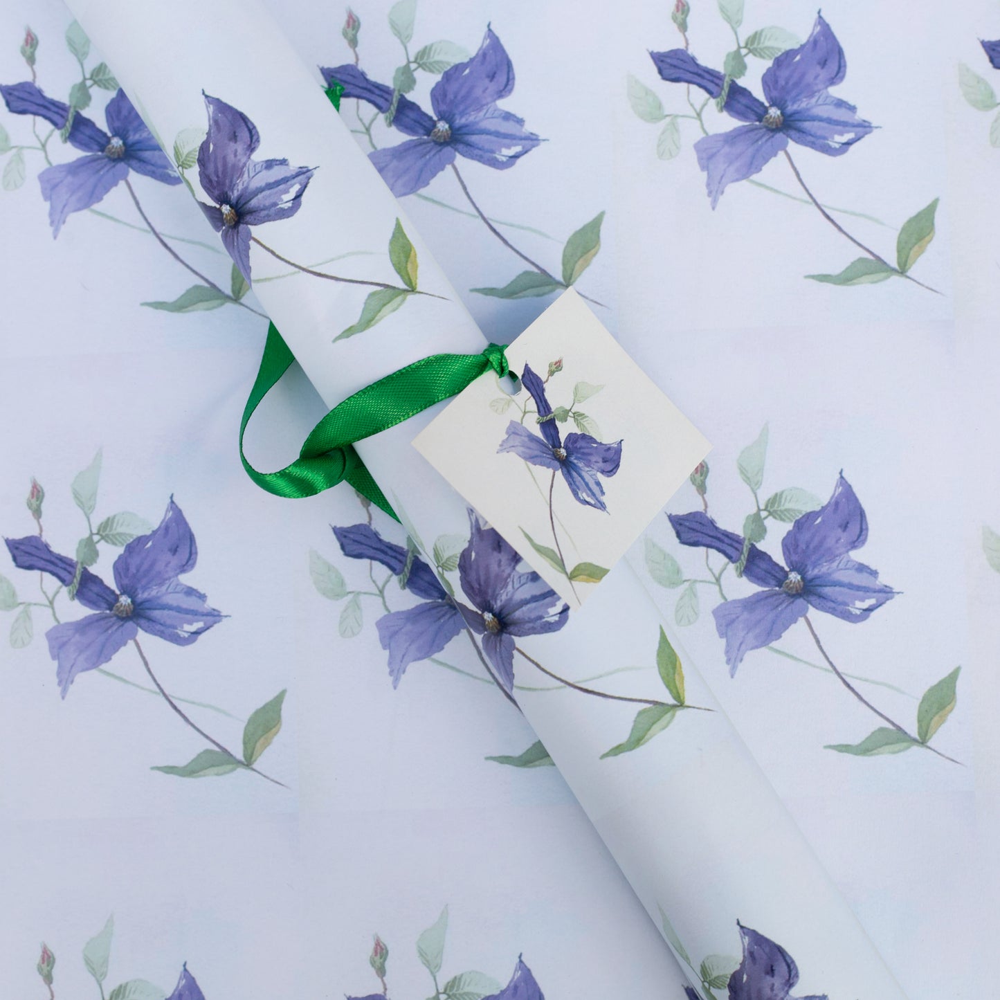 Two Sheets of Gift Wrapping Paper & Two Gift Tags in Clematis Design